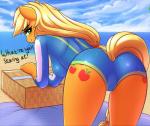 2018 anthro applejack_(mlp) beach blonde_hair butt clothing cloud cutie_mark detailed_background dialogue digital_media_(artwork) english_text equid eyelashes female friendship_is_magic green_eyes hair hasbro hi_res long_hair looking_at_viewer mammal my_little_pony one-piece_swimsuit outside sand seaside sky smile solo sport_swimsuit swimwear text twistedscarlett60 water