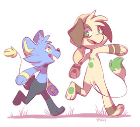 ambiguous_gender anthro anthrofied blue_body blue_fur cheek_tuft duo facial_tuft featureless_crotch feet floppy_ears fur green_eyes grey_body grey_fur handpaw head_tuft hindpaw looking_at_another nude open_mouth open_smile paws pink_tongue simple_background smile snout tail tail_tuft tan_body tan_fur tongue tuft walking white_background yellow_eyes yassui nintendo pokemon generation_2_pokemon generation_4_pokemon pokemon_(species) shinx smeargle 2014 cel_shading digital_drawing_(artwork) digital_media_(artwork) shaded