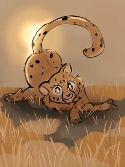 anthro brown_eyes brown_fingers brown_nose brown_toes evening feet female fingers fur grass happy looking_at_viewer lying on_front outside pawpads pink_pawpads plant solo spots sun tail tan_body tan_fur toes keellion cheetah felid feline mammal 3:4 hi_res