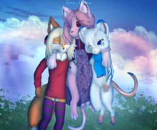 anthro blonde_hair blue_body blue_eyes blue_fur cloak clothed clothing corset detailed_background eyewear feather_accessory fluffy fluffy_ears fluffy_tail flying fur fur_markings glasses hair head_tuft hug legwear lingerie markings orange_body orange_fur pink_body pink_fur pink_hair purple_eyes purple_hair scarf semi-anthro sky sweater tail thigh_highs topwear tuft white_body white_fur stellaamoris luna_rose_(fox4230) stella_(stellaamoris) suiro_(character) canid canine domestic_cat felid feline felis fox mammal mouse murid murine red_fox rodent true_fox absurd_res digital_media_(artwork) digital_painting_(artwork) hi_res painting_(artwork)