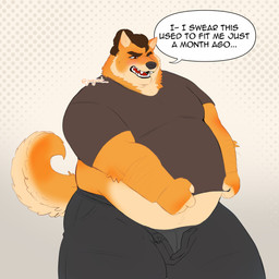 anthro black_bottomwear black_clothing black_pants black_underwear bottomwear brown_clothing brown_hair brown_shirt brown_topwear clothing fur hair juajonto male obese obese_anthro obese_male orange_body orange_fur overweight overweight_anthro overweight_male pants shirt small_clothing solo tan_body tan_fur text topwear underwear sean_shiba canid canine canis domestic_dog mammal shiba_inu spitz 1:1 absurd_res english_text hi_res