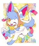 amber_eyes blue_body blue_fur brown_clothing brown_hoodie brown_topwear clothing collar cute_fangs detailed_background eeveelution extyrannomon_(artist) female feral fur generation_6_pokemon happy hi_res hoodie looking_at_viewer nintendo one_eye_closed open_mouth pokemon pokemon_(species) ribbons sai_(sylveon) shiny_pokemon solo source_request sylveon topwear white_body winged_accessory wink winking_at_viewer yellow_collar