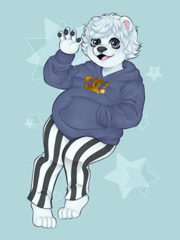 anthro black_pawpads blue_background blue_clothing blue_sweater blue_topwear bottomwear clothing facial_hair fur hair male moobs mustache overweight overweight_anthro overweight_male pants pattern_bottomwear pattern_clothing pattern_pants pawpads shoulder_length_hair simple_background solo star striped_bottomwear striped_clothing striped_pants stripes sweater topwear white_body white_fur white_hair vicky_art echo_(calahootheyeen) bear mammal polar_bear ursine 3:4 hi_res