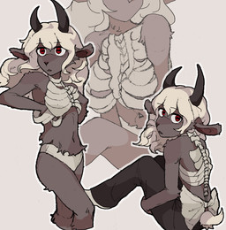 anthro biped black_bottomwear black_clothing black_horn black_pants bottomwear clothing female fluffy grey_body hair horn long_ears navel pants red_eyes rib_cage simple_background sitting solo standing sweater topwear underwear white_hair hhonchkrow234 bovid caprine goat mammal hi_res