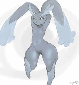 anthro arms_above_head bedroom_eyes clitoris female genitals half-closed_eyes narrowed_eyes nude one_eye_closed seductive simple_background solo vulva white_background wide_hips tsudamaku nintendo pokemon generation_4_pokemon lagomorph lopunny mammal pokemon_(species) hi_res source_request
