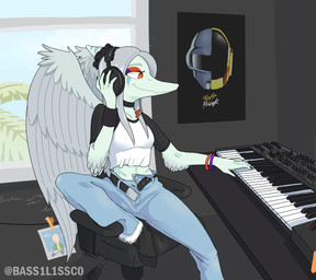amber_eyes anthro blue_body bone_frill bottomwear bracelet breasts chair choker claws clothed clothed_anthro clothed_female clothing crop_top day denim denim_bottomwear denim_clothing elbow_feathers feathered_wings feathers feet female finger_claws fingers footwear frill_(anatomy) furniture grey_body grey_feathers grey_hair hair half-closed_eyes humanoid_feet humanoid_hands inside jeans jewelry keyboard_instrument long_hair markings medium_breasts midriff musical_instrument musical_keyboard narrowed_eyes necklace non-mammal_breasts pants photo plantigrade shirt sitting smile socks solo striped_markings stripes text topwear window wings bass1l1ssc0 cavemanon_studios daft_punk goodbye_volcano_high ko_op_(game_developer) snoot_game anon_(snoot_game) fang_(gvh) human mammal prehistoric_species pterosaur reptile scalie artist_name colored hi_res shaded
