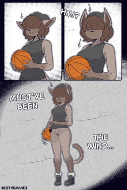 anthro ball basketball_(ball) bottomless breasts brown_body brown_fur clothed clothing female fur genitals hair hair_over_eyes hat headgear headwear smile snaggle_tooth solo standing tail text vulva the_man may_(the_man) felid feline mammal 2026 2:3 absurd_res comic digital_media_(artwork) english_text hi_res