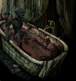 anthro bath blood bodily_fluids detailed_background gore male scar solo jeffusherb digital_media_(artwork) pixel_(artwork)
