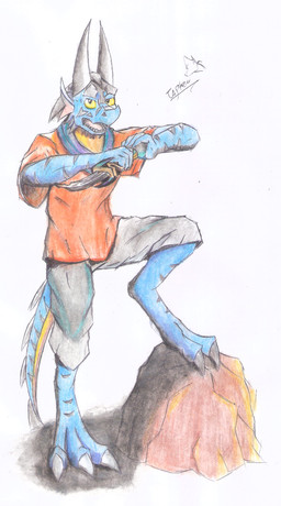 3_toes anthro biped blue_body blue_scales dagger digitigrade feet grey_horn grey_stripes horn melee_weapon scales scarf simple_background solo standing step_pose stripes toes weapon white_background taphen reptile scalie traditional_media_(artwork)