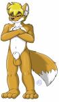 animal_genitalia anthro balls biped black_sclera blonde_hair crossed_arms fully_sheathed genitals grin hair male nude sheath simple_background smile solo white_background yellow_eyes bluepawpanda dark_fox canid canine fox mammal 2013 absurd_res hi_res