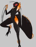 ambiguous_gender antennae_(anatomy) black_body claws digitigrade fire flaming_tail grey_background on_one_leg raised_leg red_eyes simple_background solo standing tail zermple arthropod humanoid hybrid hymenopteran insect mantis wasp absurd_res hi_res