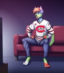 4_toes 5_fingers anthro barefoot clothed clothing digitigrade feet fingers fur green_body green_fur hair male orange_hair red_eyes sitting smile solo toes ticl canid canine mammal 2022 digital_media_(artwork)