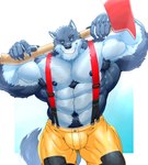 abs anthro armpit_hair axe beak black_nipples black_pawpads black_sclera blue_background blue_body blue_eyes blue_fur body_hair bottomwear claws clothing finger_claws firefighter firefighter_uniform fur grin holding_axe holding_object male muscular muscular_anthro muscular_male naval_tuft navel nipples obliques pants pawpads pecs pubes simple_background smile solo suspenders uniform white_background yellow_bottomwear yellow_clothing yellow_pants titandraugen roderick_(limits_vn) axe_beak canid canine canis mammal wolf 2022 hi_res