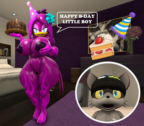 age_difference anthro beanie bed bedroom bedroom_eyes big_breasts big_butt birthday bow_ribbon breasts butt cake clothing dessert duo female food furniture genitals hair hand_on_breast hat headgear headwear huge_breasts huge_butt image_bubble long_hair male mature_female narrowed_eyes nude nude_female older_female open_mouth party_hat seductive shirt shocked standing t-shirt thick_thighs topwear vulva wide_eyed wide_hips younger_male sonico4ever sega sonic_the_hedgehog_(series) bytes_(whooofly) fan_character tsunami_the_swallow_(sonico4ever) avian bird hirundinid mammal oscine passerine procyonid raccoon swallow_(bird) 3d_(artwork) digital_media_(artwork)