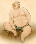 blonde_hair blue_eyes bottomwear brown_background clothed clothing denim denim_bottomwear denim_clothing hair jeans looking_away male moobs multimoobs nipples overweight overweight_male pants pink_body pink_skin shorts simple_background sitting solo teal_bottomwear teal_clothing topless kunugi domestic_pig mammal suid suine sus_(pig) graphite_(artwork) mixed_media painting_(artwork) traditional_media_(artwork) watercolor_(artwork)