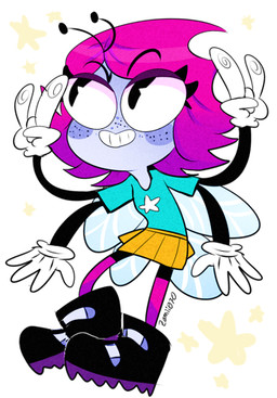 4_arms 4_fingers antennae_(anatomy) anthro bean_mouth clothing eyelashes eyeshadow female fingers freckled_face freckles gloves handwear insect_wings long_eyelashes makeup multi_arm multi_limb purple_eyeshadow solo white_clothing white_gloves white_handwear wings zamiiz disney the_buzz_on_maggie maggie_pesky arthropod fly_(animal) insect low_res