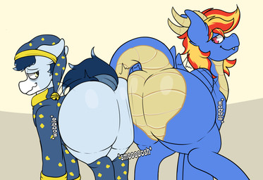 bedhead butt butt_squish dock_(anatomy) duo feathers featureless_crotch feral male male/male mane rear_view squish tail dracoflames_(artist) hasbro my_little_pony draco_flames_(dracoflames) dracony earth_pony equid equine horse hybrid mammal pony scalie absurd_res hi_res