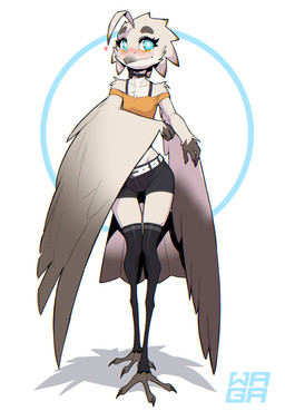 anthro beak biped blush bottomwear breasts claws clothed clothed_anthro clothed_female clothing feathers feet female fingers front_view fully_clothed fully_clothed_anthro fully_clothed_female looking_at_viewer simple_background solo standing tail toes topwear wings w4g4 avian bird 2026 digital_drawing_(artwork) digital_media_(artwork) hi_res
