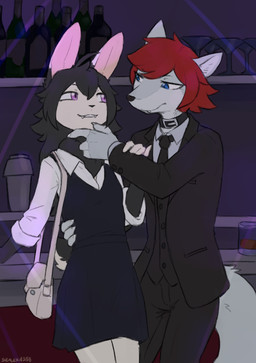 anthro anthro_on_anthro bangs clothed clothed_anthro clothed_female clothed_male clothing collar duo female female_anthro fingers fully_clothed fully_clothed_anthro fully_clothed_female fully_clothed_male fur hair looking_at_another looking_at_partner male male/female pose red_hair teeth text sealer4258 lewin_(sealer4258) zenith_(visitorvun) canid canine canis lagomorph leporid mammal rabbit wolf 2026 absurd_res artist_name colored detailed digital_drawing_(artwork) digital_media_(artwork) hi_res
