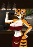 anthro big_breasts bodily_fluids breasts clothing dialogue female food fur holding_object orange_body solo speech_bubble striped_body striped_fur stripes sweat text uniform waiter a-fitzga dreamworks kung_fu_panda master_tigress felid mammal pantherine tiger 2024 digital_media_(artwork) english_text hi_res