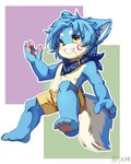 anthro belly_tuft bent_legs blue_body blue_fur blue_hair blue_tail bottomwear circle_eyebrows clenched_teeth clothing countershading eyebrows facial_markings fluffy fur hair hay_in_mouth head_markings kemono looking_up male markings multicolored_body navel_tuft nipples pawpads paws pink_pawpads pupils raised_paw round_pupils scarf shorts simple_background solo tail teeth tuft two_tone_body two_tone_face two_tone_tail white_body white_fur yellow_bottomwear yellow_clothing yellow_eyes yellow_shorts young young_anthro lio29227541 canid canine fox mammal 2018 4:5 digital_media_(artwork) hi_res shaded