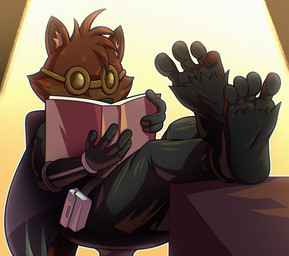 4_toes anthro book brown_body brown_fur cape clothed clothing eyewear feet foot_focus foot_on_table footwear fur furniture goggles male reading shoes table toeless_footwear toeless_shoes toes rodricoro reggie_rakun_(character) mammal procyonid raccoon hi_res