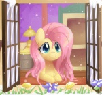 blue_eyes female feral flower fur hair lamp outside pink_hair plant smile snow solo window wood yellow_body yellow_fur bukoya friendship_is_magic hasbro my_little_pony fluttershy_(mlp) equid equine horse mammal pony 2012 hi_res