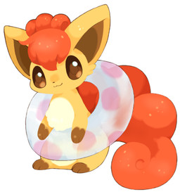 3_toes ambiguous_gender brown_body brown_eyes brown_fur brown_inner_ear brown_markings chibi curled_tail feet feral fur hair holding_inner_tube holding_object inflatable inner_tube markings multi_tail multicolored_body orange_body orange_fur orange_hair orange_tail paws simple_background sitting smile solo tail tan_body tan_fur toes white_background white_body white_fur white_markings michi_runi nintendo pokemon canid canine generation_1_pokemon mammal pokemon_(species) vulpix low_res