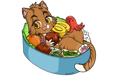 ambiguous_gender anthro character_prepared_as_food chibi duo food food_fetish food_play fur looking_away lying_in_food pawpads pink_pawpads simple_background sushi tail tongue tongue_out white_background yellow_eyes young young_anthro teacuplynx tenyo_cat domestic_cat felid feline felis lynx mammal mouse murid murine rodent hi_res