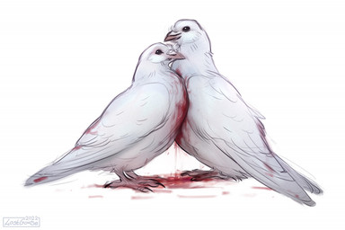 ambiguous_gender beady_eyes beak biped black_claws blood blood_on_chest blood_on_ground bodily_fluids claws duo feathered_wings feathers feral realistic_feral side_view simple_background white_background white_body white_feathers white_wings wings lostgoose avian bird columbid pigeon 2022 dated