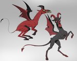 2_horns curved_horn duo fangs feral green_eyes grey_body grey_ears hooves horn membrane_(anatomy) membranous_wings red_body red_eyes red_horn red_wings simple_background spade_tail tail teeth wings jeannette_arroyo cryptid jersey_devil monster 2024 hi_res