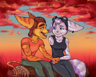 anthro blue_body blue_eyes blue_fur clothing duo ear_piercing eyewear female fluffy fluffy_tail fur goggles green_eyes hand_holding happy head_tuft looking_at_another male missing_arm open_mouth orange_body orange_fur piercing romantic romantic_couple smile sunset tail tuft yellow_body yellow_fur naiacreations insomniac_games ratchet_and_clank sony_corporation sony_interactive_entertainment ratchet_(ratchet_and_clank) rivet_(ratchet_and_clank) lombax mammal 5:4