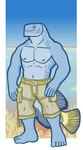 5_fingers 5_toes anthro belt blue_body bottomwear brown_bottomwear brown_clothing brown_pants clothing feet fingers male muscular navel nipples pants plantigrade solo standing three-quarter_view toes snarkysardine desert_pupfish fish killifish marine pupfish 2018 hi_res