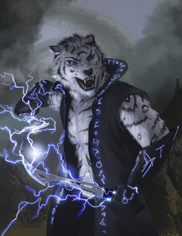 abs abstract_background action_pose anthro athletic athletic_anthro athletic_male belly black_markings blade clothing coat dark electricity fluffy fur light lightning magic magic_user male markings matter pose purple_eyes simple_background solo topwear white_body white_fur loculi scyrex felid mammal pantherine tiger archived_source hi_res