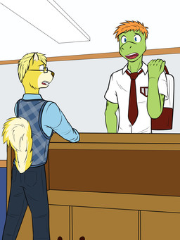 backpack blonde_hair clothed clothing desk duo eyewear furniture glasses hair lights male male/male necktie orange_hair shirt size_difference sweater table topwear fuze blaise_(fuze) jeremy_(fuze) amphibian frog mammal rodent sciurid tree_squirrel 2018 3:4 hi_res story story_in_description