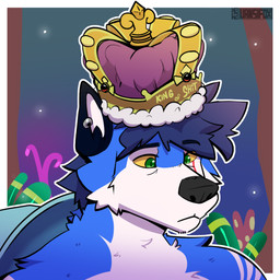 anthro blue_body blue_fur countershade_face countershade_torso countershading crown fur green_eyes headgear male multicolored_body multicolored_fur solo text three-quarter_view white_body white_countershading yellow_sclera vansifoxarts adult_swim cartoon_network rick_and_morty canid canine mammal 2026 bust_portrait icon portrait signature