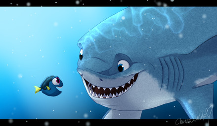 blue_background blue_body blue_eyes blue_fin duo female feral fish_tail gills happy looking_at_another male purple_eyes shark_teeth simple_background tail underwater water yellow_fin yellow_tail chainsxwsmile disney finding_nemo pixar bruce_(finding_nemo) dory_(finding_nemo) acanthurid aquatic fish great_white_shark mackerel_shark regal_tang shark white_shark 2016