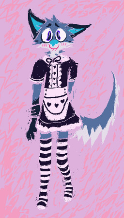 anthro black_clothing black_legwear black_thigh_highs blue_body blue_fur clothing femboy fur legwear maid_uniform male pattern_clothing pattern_legwear pattern_thigh_highs shy smile solo striped_clothing striped_legwear striped_thigh_highs stripes thigh_highs uniform white_body white_fur demensa emil_(demensa) canid canine canis coyote domestic_dog mammal 2023 4:7 digital_media_(artwork) full-length_portrait hi_res pixel_(artwork) portrait