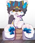 anthro blush bodily_fluids cuff_(restraint) dotted_background feet fluffy fluffy_chest foot_fetish handcuffs hands_together horn kemono male metal_cuffs nude pattern_background pawpads restraints simple_background solo sweat sweatdrop pulan canid canine mammal 2025 absurd_res hi_res