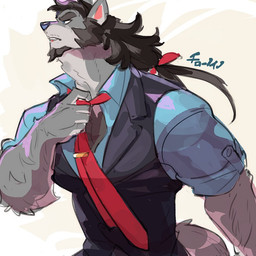 anthro black_nose clothed clothing eyebrows fur grey_body grey_fur hair humanoid_hands jewelry long_hair male necklace red_jewelry red_necklace solo thick_eyebrows ciloh canid mammal 1:1