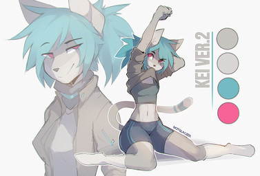 anthro athletic athletic_anthro athletic_female athletic_wear bandage biped blue_hair bottomwear bra clothed clothing clothing_lift color_swatch female fingers footwear fur grey_body grey_fur hair jacket markings mouth_hold pink_eyes playful ponytail shirt shirt_in_mouth shirt_lift shorts simple_background sitting smug socks solo spandex spandex_shorts sports_bra striped_markings striped_tail stripes tail tail_markings text tight_bottomwear tight_clothing tight_shorts tomboy topwear underwear white_background notglacier kei_(notglacier) domestic_cat felid feline felis mammal absurd_res digital_drawing_(artwork) digital_media_(artwork) english_text hi_res model_sheet shaded soft_shading