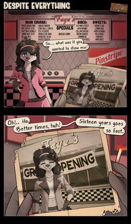 anthro black_hair black_nose cigarette clothed clothed_anthro clothed_female clothing crop_top dialogue diner female female_anthro first_person_view fur green_eyes grey_body grey_fur hair half-closed_eyes holding_cigarette holding_object inside jacket lit_cigarette logo long_hair midriff narrowed_eyes navel photo restaurant shirt smile snout solo speech_bubble text topwear posspowered faye_arletti_(posspowered) canid canine canis domestic_dog mammal poodle 2026 absurd_res artist_logo comic english_text hi_res