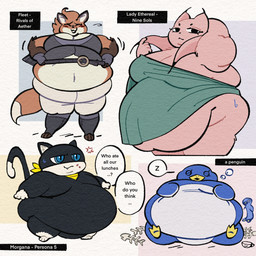 after_eating annoyed anthro beak beckoning belly belt big_belly big_breasts black_eyes blue_body blue_eyes bodily_fluids breasts bubble butt cleavage clothed clothing cross-popping_vein crumbs dipstick_tail double_chin eyelashes eyes_closed fangs female fishbone fur gesture hand_behind_head huge_belly kerchief looking_at_viewer male markings moobs motion_lines navel neckerchief neckwear obese obese_anthro obese_female obese_male orange_body orange_fur overweight overweight_anthro overweight_female overweight_male pink_body pink_fur sleeping smile standing struggling_to_fit sweat sweatdrop tail tail_markings teeth white_body white_fur carcupholder dungeons_of_aether nine_sols persona_(series) persona_5 red_candle_games rivals_of_aether fleet_(dungeons_of_aether) lady_ethereal_(nine_sols) morgana_(persona) avian bird canid canine domestic_cat felid feline felis fox mammal penguin solarian 1:1 2025 hi_res multiple_images
