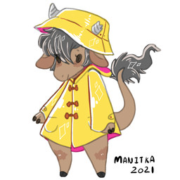 ambiguous_gender anthro big_tail biped blush broken_horn brown_body brown_fur claws clothed clothing coat fur grey_hair grey_horn hair hat headgear headwear hooves horn raincoat short_hair simple_background simple_eyes smile solo sparkles standing tail text topwear white_background yellow_clothing yellow_coat yellow_hat yellow_headwear yellow_topwear manitka manitka_storm bovid bovine cattle mammal 1:1 2021 artist_name dated digital_media_(artwork) hi_res