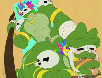 5_toes abs abstract_background anal anal_penetration anthro armlet ass_up bandage bandaged_leg blush blush_lines blushing_profusely bone bone_mask bracelet duo feathers feet foot_focus genitals gold_(metal) gold_bracelet gold_jewelry green_body horn humanoid_feet jewelry male mask muscular muscular_anthro muscular_male narrowed_eyes open_mouth open_smile penetration penile penile_penetration penis penis_in_ass plantigrade selfcest sex skull skull_accessory skull_head skull_mask smile square_crossover staff step_pose step_position stepped_on toes tongue tongue_out vein veiny_penis yellow_horn tabascomilk terraria shimmered_witch_doctor witch_doctor_(terraria) lihzahrd absurd_res hi_res