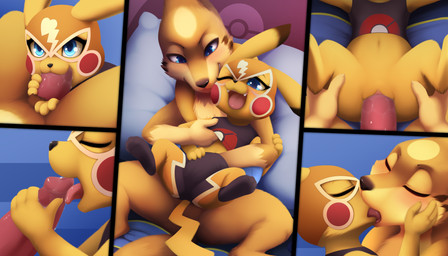 4_fingers anthro anthro_on_anthro anthro_penetrated anthro_penetrating anthro_penetrating_anthro arm_markings bed bedroom biped black_clothing black_ear_tips black_markings black_nose blue_eyes bodily_fluids bottomless bottomless_anthro bottomless_female bottomwear claws clitoris clothed clothed_anthro clothed_female clothing clothing_pull cosplay_pikachu_(costume) detailed_background digitigrade dipstick_ears duo ear_markings erection eyelashes eyes_closed facial_markings fangs feet fellatio female female_penetrated finger_claws fingering fingering_partner fingers first_person_view forehead_markings french_kissing fur fur_markings furniture genitals gloves_(marking) hand_in_pants hand_on_face head_markings headgear headwear holding_both_legs interspecies kissing larger_male licking looking_at_another looking_pleasured lying male male/female male_penetrating male_penetrating_female male_pov markings mask mouth_closed multicolored_clothing multicolored_ears navel nude nude_anthro nude_male on_back on_bed on_pillow one_eye_closed open_mouth oral oral_penetration pants penetration penile penile_penetration penis penis_grab penis_in_mouth penis_in_vagina penis_lick pillow pink_clitoris pink_vulva red_clothing red_penis red_tongue saliva saliva_on_penis semi-anthro sex shirt shirt_pull size_difference smaller_female smile snout soles spread_legs spreading tail tan_body tan_claws tan_fur tan_markings tan_tail teeth tongue tongue_out topwear topwear_pull two_tone_ears vaginal vaginal_penetration vulva white_clothing white_pillow yellow_body yellow_claws yellow_ears yellow_fur darkmirage nintendo pokemon pikachu_libre floatzel generation_1_pokemon generation_4_pokemon pikachu pokemon_(species) 2020 digital_media_(artwork) hi_res