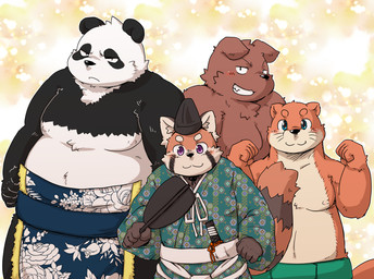 anthro belly black_nose blush clothed clothing group humanoid_hands male moobs nipples overweight overweight_male kotadash ailurid bear canid canine canis domestic_dog giant_panda mammal red_panda 2015