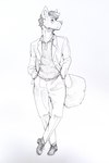 anthro big_ears bottomwear cheek_tuft claws clothing crossed_legs dark_hair dark_shoes eyebrows eyewear facial_tuft finger_claws footwear glasses hair hand_in_pocket inner_ear_fluff jacket looking_aside male pants pockets polo_shirt shirt shoes simple_background solo standing tail topwear tuft white_background andre_moraph_(artist) andre_moraph canid canine canis mammal wolf 2021 2:3 absurd_res digital_drawing_(artwork) digital_media_(artwork) full-length_portrait hi_res monochrome portrait