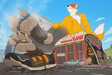 4_toes anthro barefoot black_body black_feet building car city claws clothing cloud crush day destruction digit_ring dirty dirty_feet feet foot_fetish foot_focus footwear footwear_only fur green_clothing green_eyes hair jewelry macro male male_anthro markings mostly_nude multicolored_body musk nude orange_body orange_fur outside pawpads paws plant plantigrade ring ring_(jewelry) shoes shoes_only sitting sky smelly smelly_feet sneakers soles solo stomping street tail text toe_claws toe_ring toes tree vehicle white_body white_fur thaz_(artist) canid canine fox mammal absurd_res hi_res