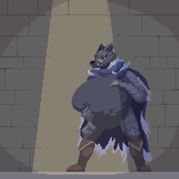 abdominal_bulge animated_gif anthro armor_plates belly big_belly boots cape clothing footwear fur grey_body grey_fur hand_imprint hand_on_belly huge_belly imprint male scar shoes soft_vore solo standing struggling struggling_prey teeth vore nephiclav elden_ring fromsoftware blaidd_(elden_ring) canid canine canis mammal wolf 2026 animated digital_media_(artwork) pixel_(artwork) pixel_animation short_playtime